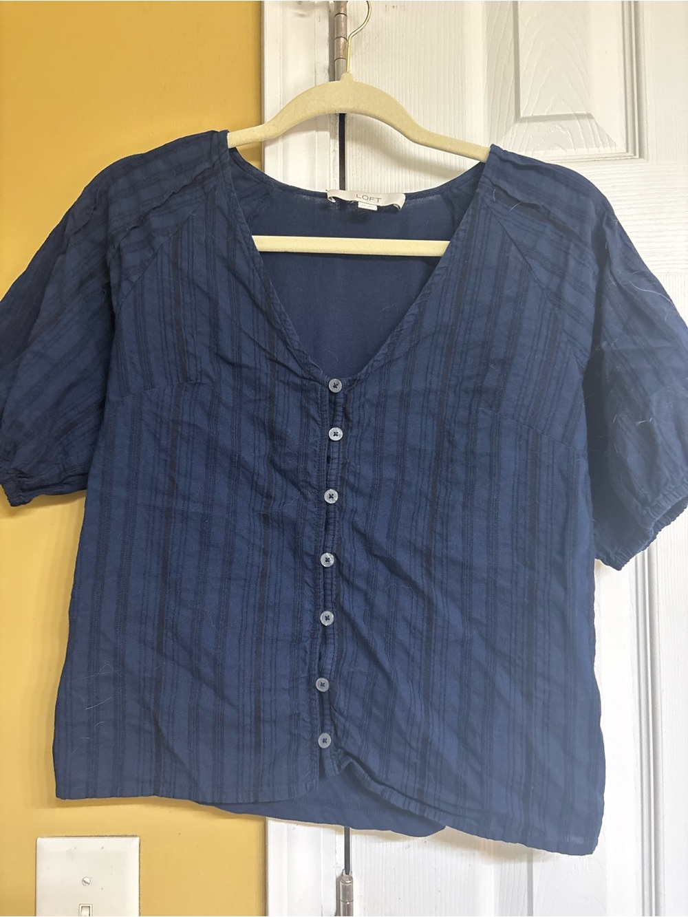 LOFT Navy Button-Front Short-Sleeve Blouse
